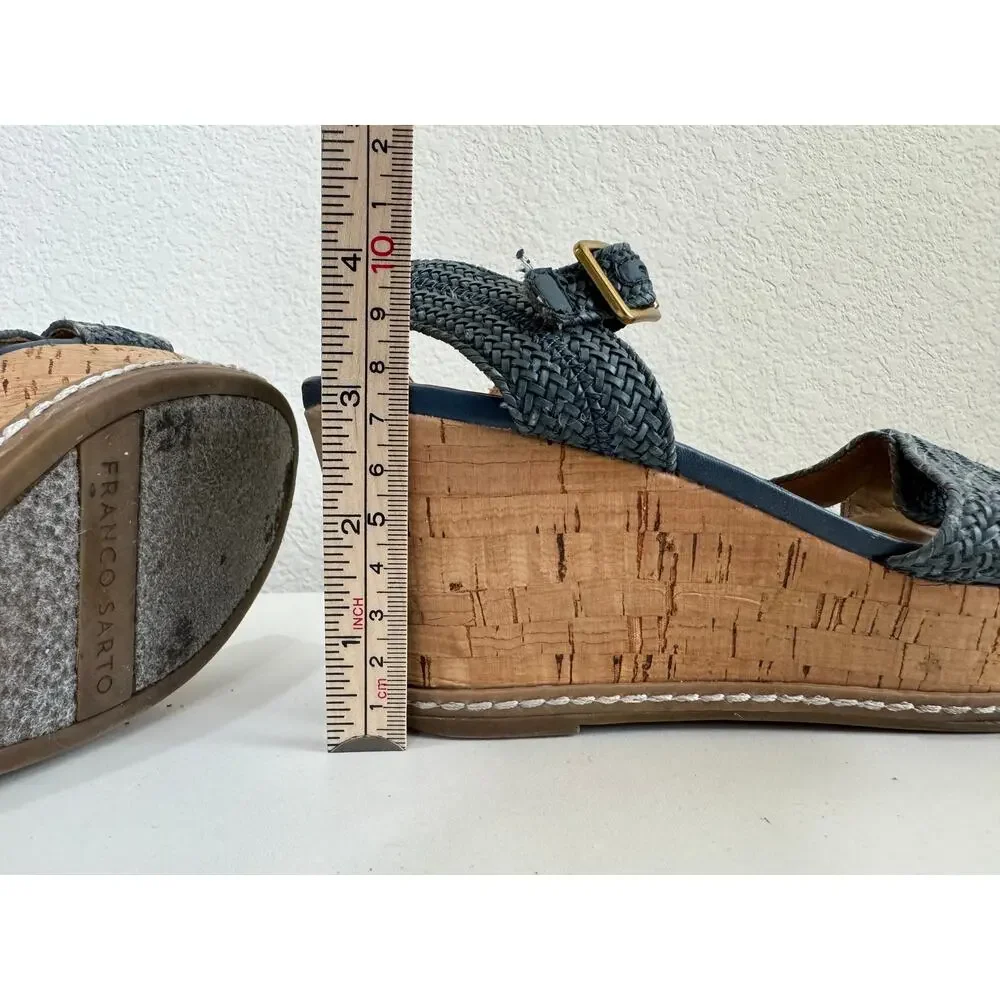 Franco Sarto Cara Espadrille Wedge Mary Jane Sandals Blue Woven 6.5M